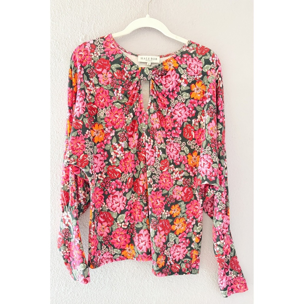Hale Bob Pink Floral Keyhole Front Dolman Long Sleeve Top Womens Medium